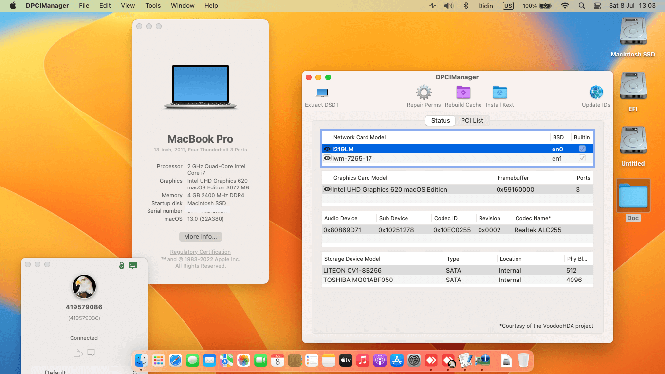 Success Hackintosh macOS Ventura 13.0 Build 22A380 in Acer TravelMate TMP2410-G2-M-83QE